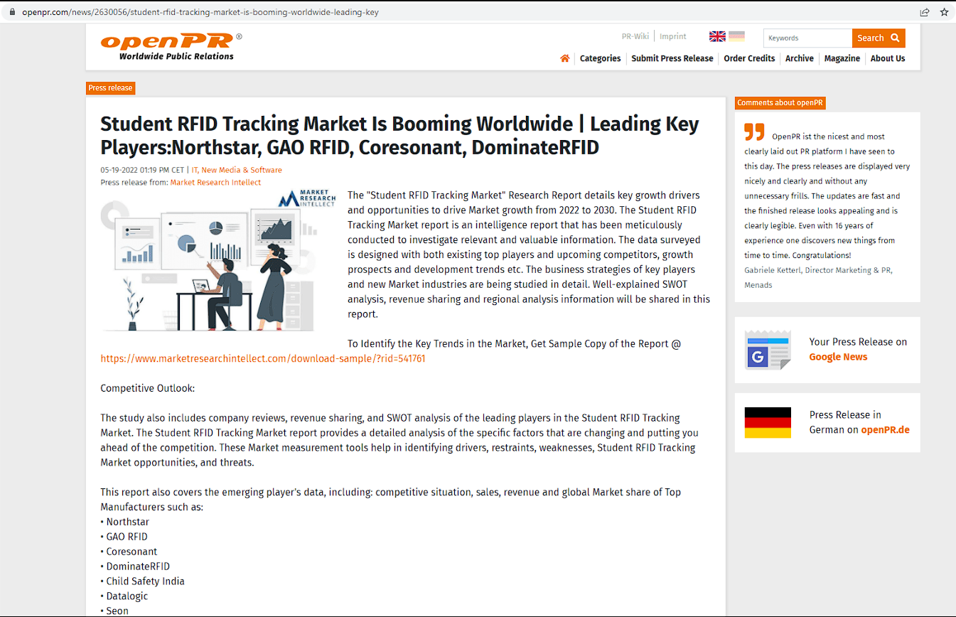 全球?qū)W生 RFID 跟蹤市場(chǎng)蓬勃發(fā)展 | 主要關(guān)鍵參與者：Northstar、GAO RFID、Coresonant、DominiterRFID